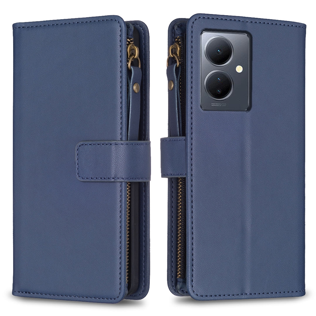 For vivo Y78 5G Leather Flip Phone Case with Zipper Wallet and 9 Card Slots, Durable PU + TPU Material