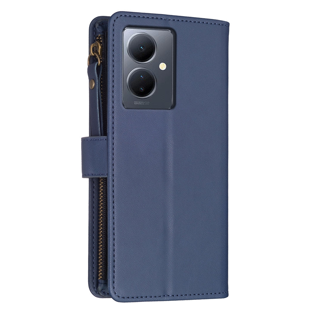 For vivo Y78 5G Leather Flip Phone Case with Zipper Wallet and 9 Card Slots, Durable PU + TPU Material