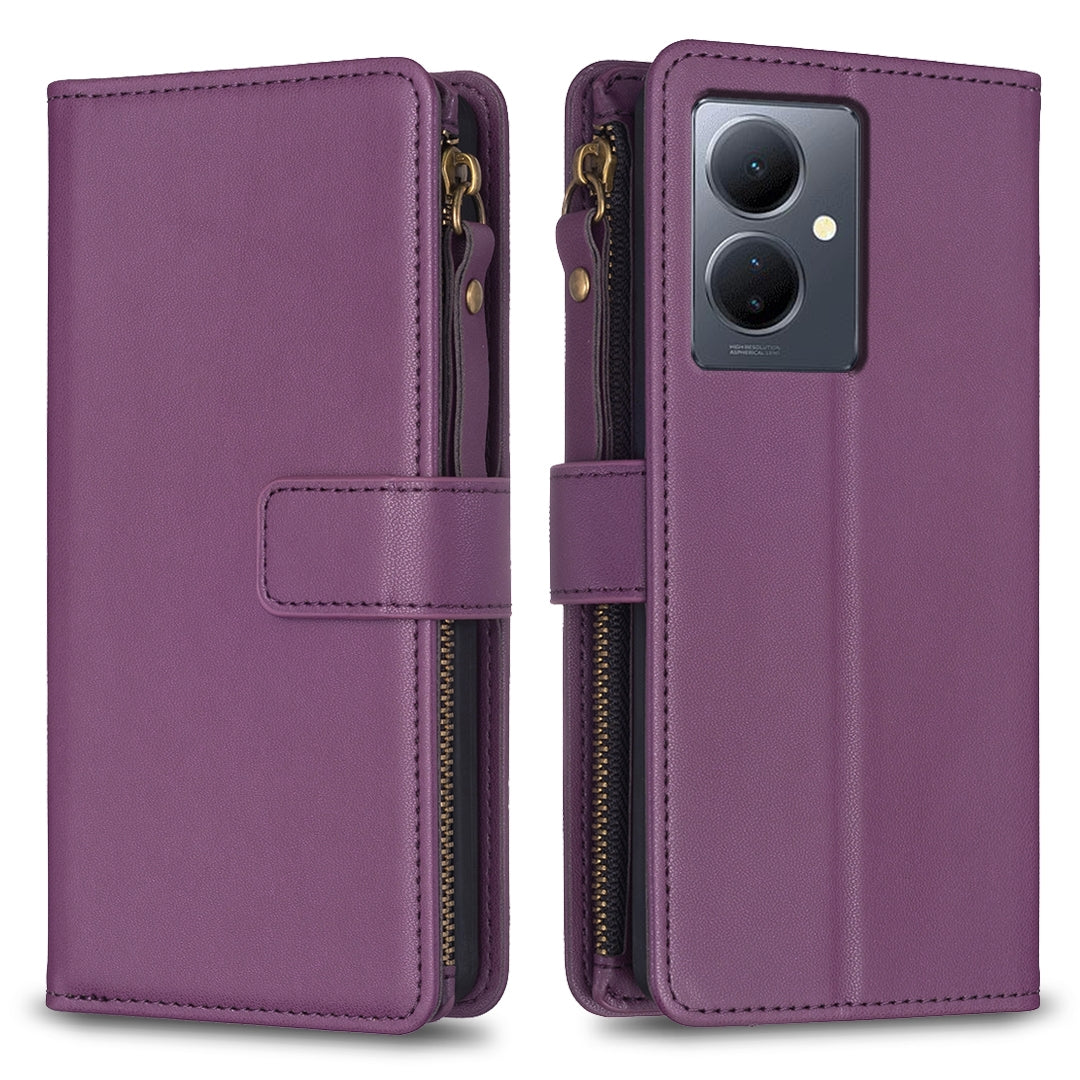 For vivo Y78 5G Leather Flip Phone Case with Zipper Wallet and 9 Card Slots, Durable PU + TPU Material