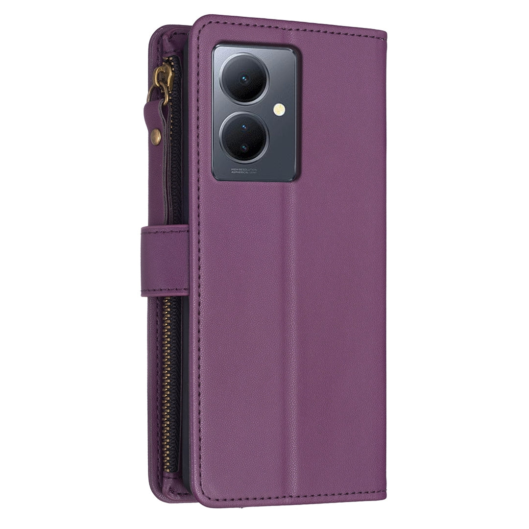 For vivo Y78 5G Leather Flip Phone Case with Zipper Wallet and 9 Card Slots, Durable PU + TPU Material