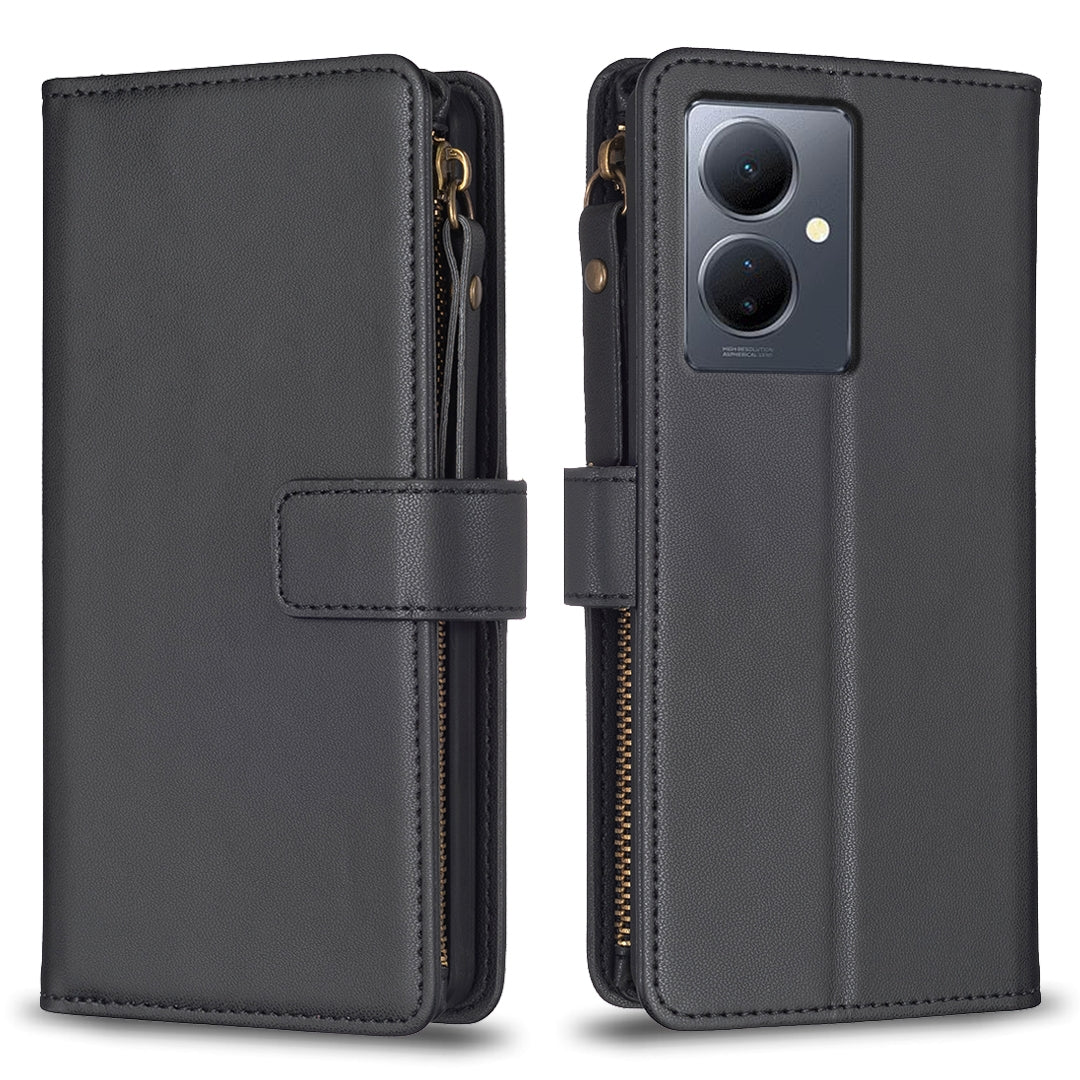 For vivo Y78 5G Leather Flip Phone Case with Zipper Wallet and 9 Card Slots, Durable PU + TPU Material