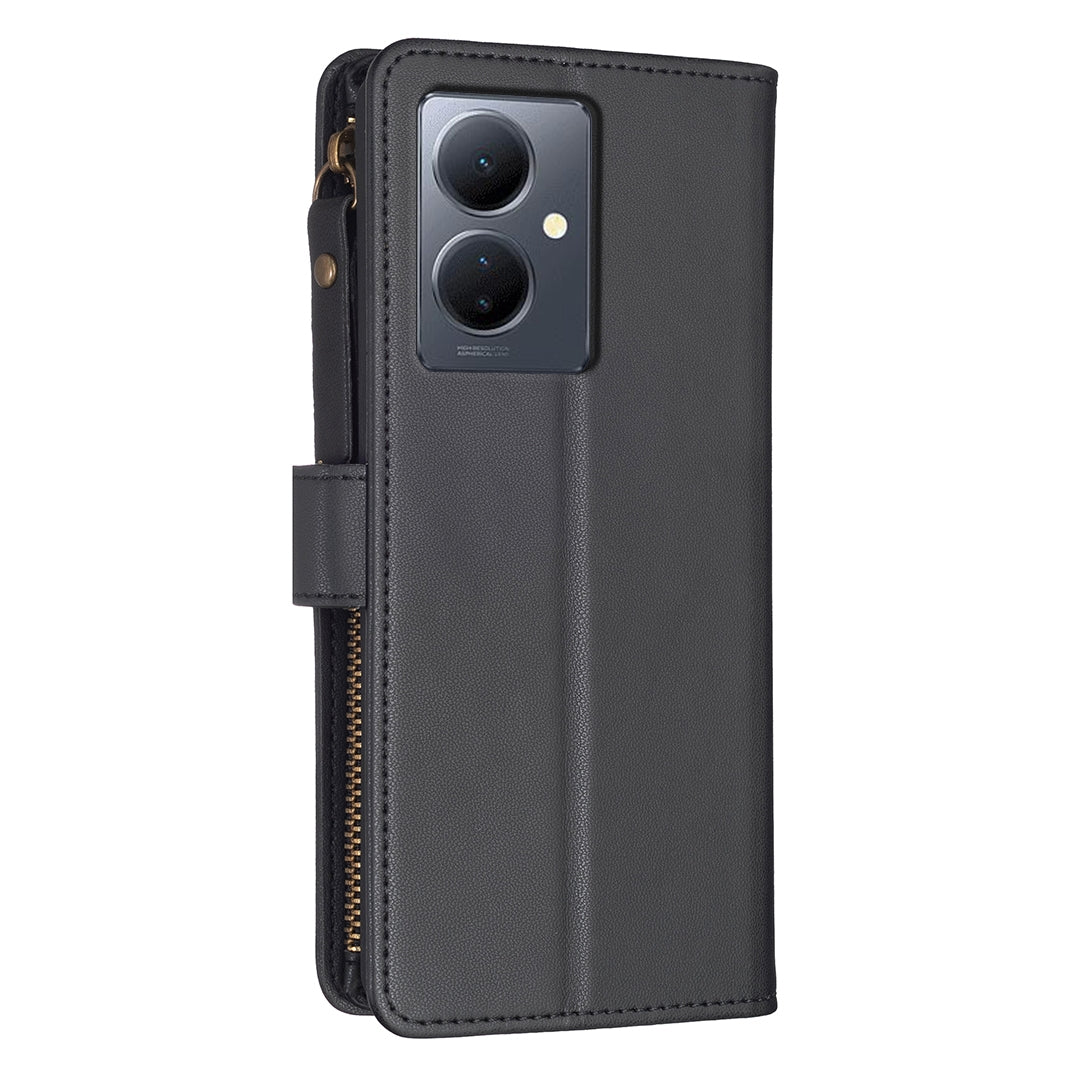 For vivo Y78 5G Leather Flip Phone Case with Zipper Wallet and 9 Card Slots, Durable PU + TPU Material