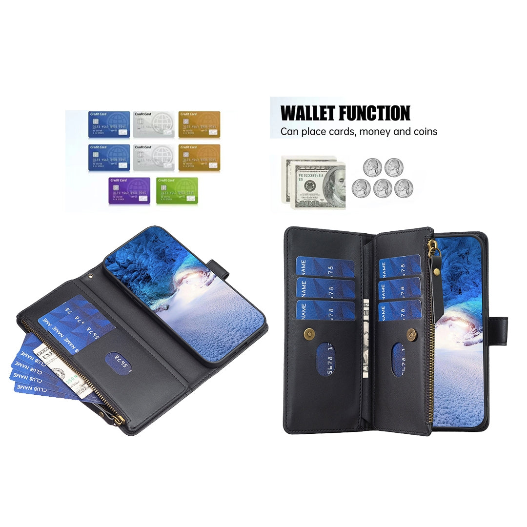 For vivo Y78 5G Leather Flip Phone Case with Zipper Wallet and 9 Card Slots, Durable PU + TPU Material