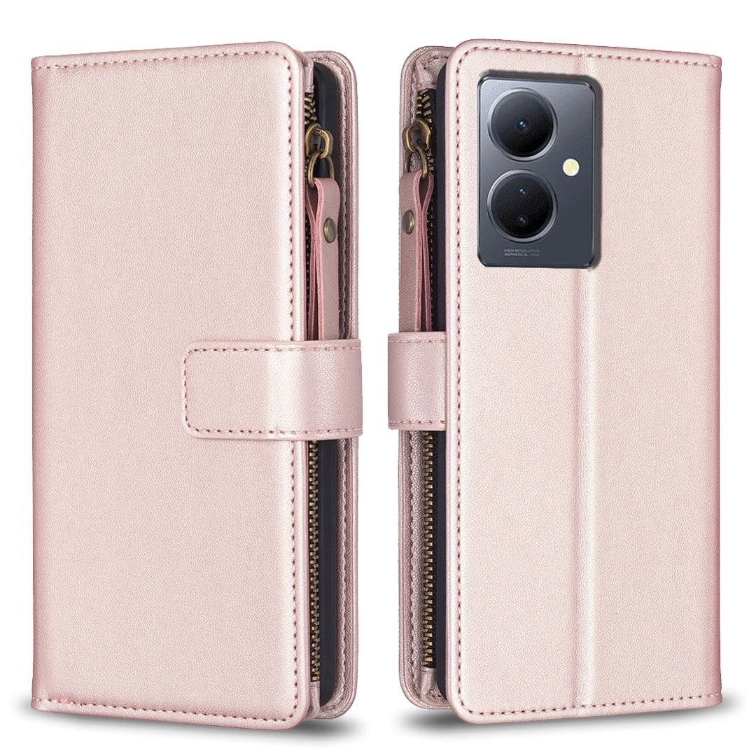 For vivo Y78 5G Leather Flip Phone Case with Zipper Wallet and 9 Card Slots, Durable PU + TPU Material