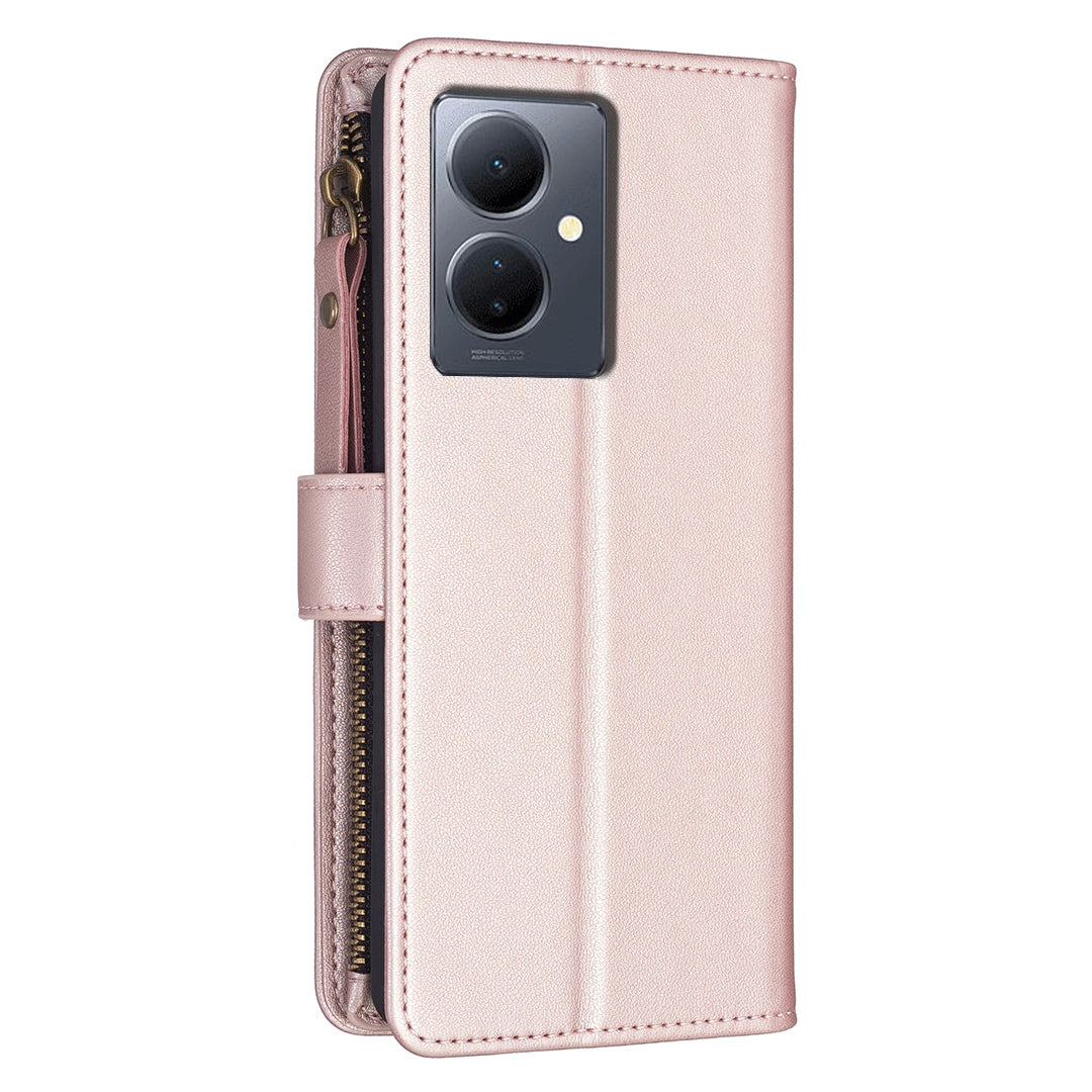 For vivo Y78 5G Leather Flip Phone Case with Zipper Wallet and 9 Card Slots, Durable PU + TPU Material