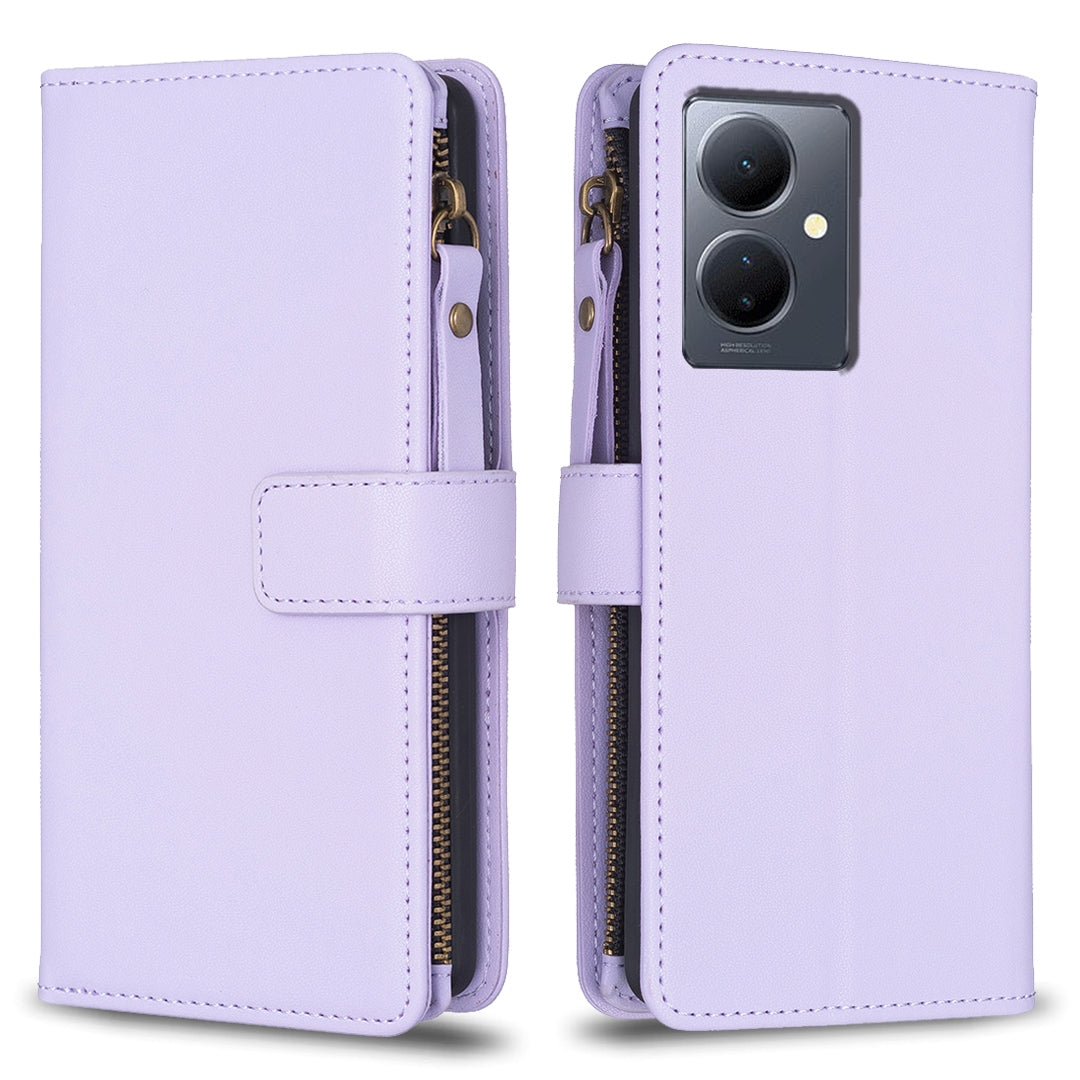 For vivo Y78 5G Leather Flip Phone Case with Zipper Wallet and 9 Card Slots, Durable PU + TPU Material