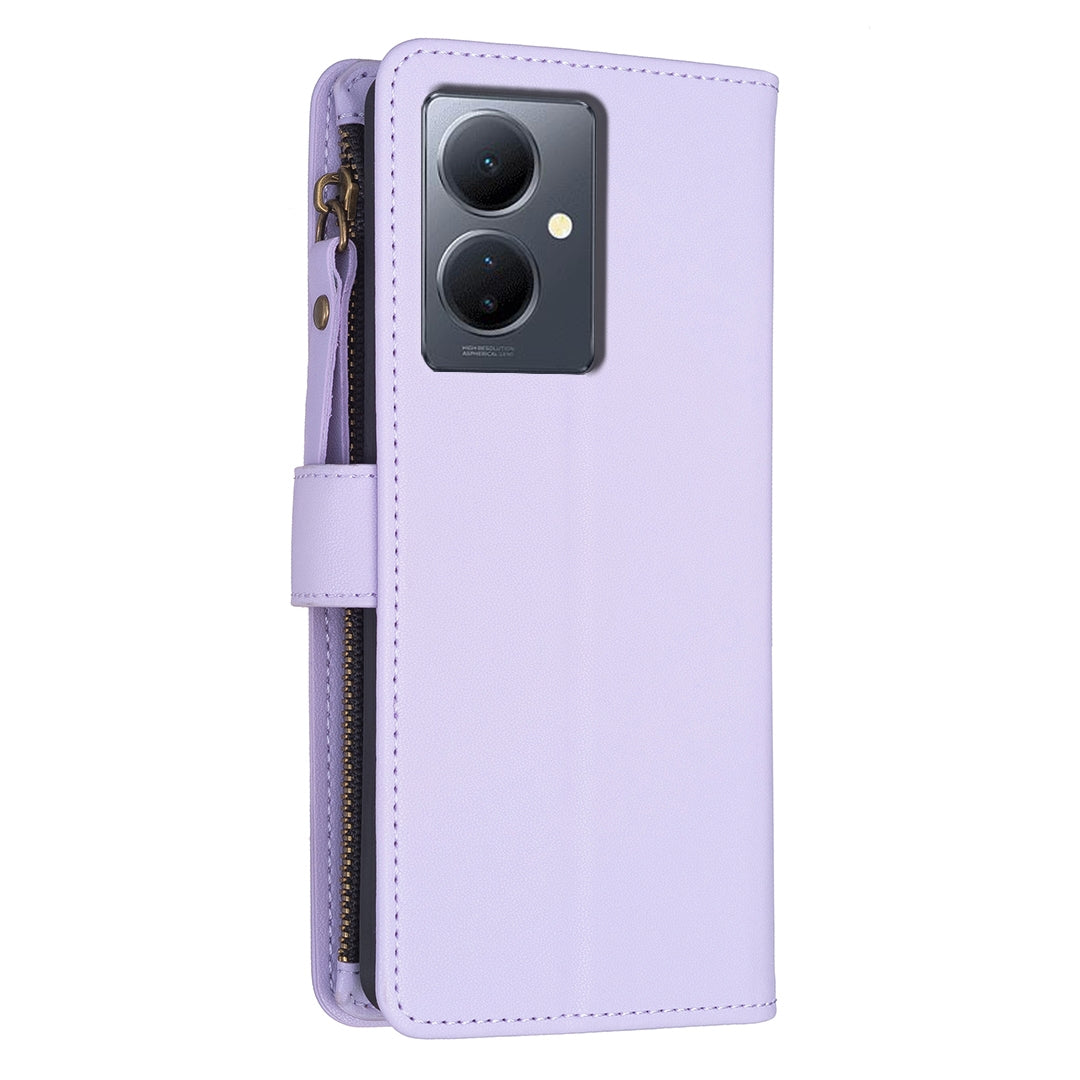For vivo Y78 5G Leather Flip Phone Case with Zipper Wallet and 9 Card Slots, Durable PU + TPU Material