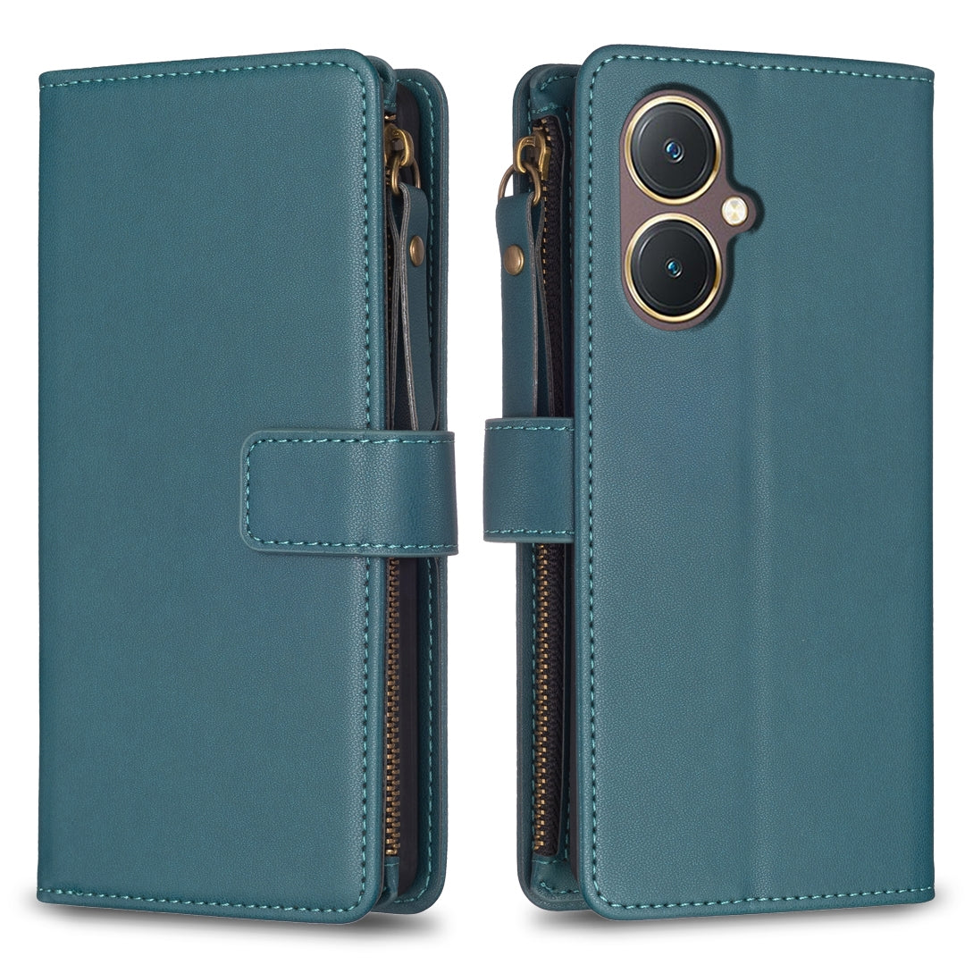 For vivo Y27 4G Leather Flip Phone Case with Zipper Wallet and 9 Card Slots, Durable PU + TPU Material