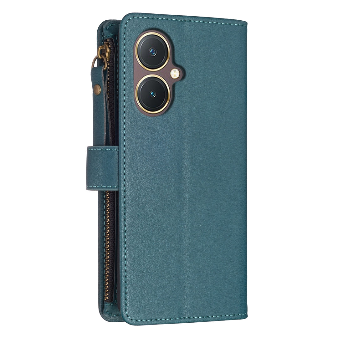 For vivo Y27 4G Leather Flip Phone Case with Zipper Wallet and 9 Card Slots, Durable PU + TPU Material