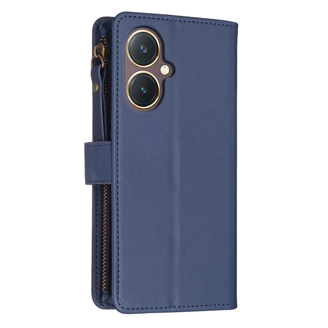 For vivo Y27 4G Leather Flip Phone Case with Zipper Wallet and 9 Card Slots, Durable PU + TPU Material