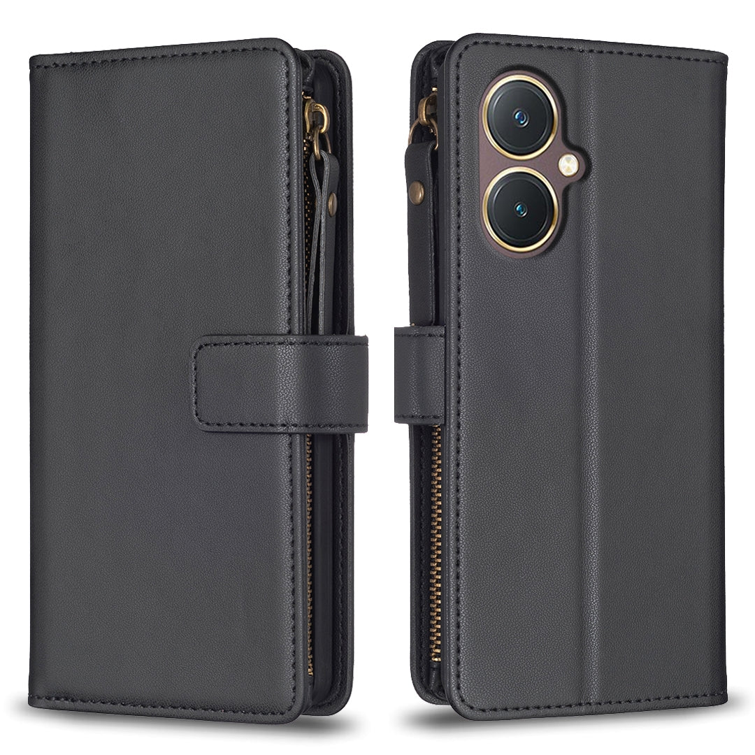 For vivo Y27 4G Leather Flip Phone Case with Zipper Wallet and 9 Card Slots, Durable PU + TPU Material