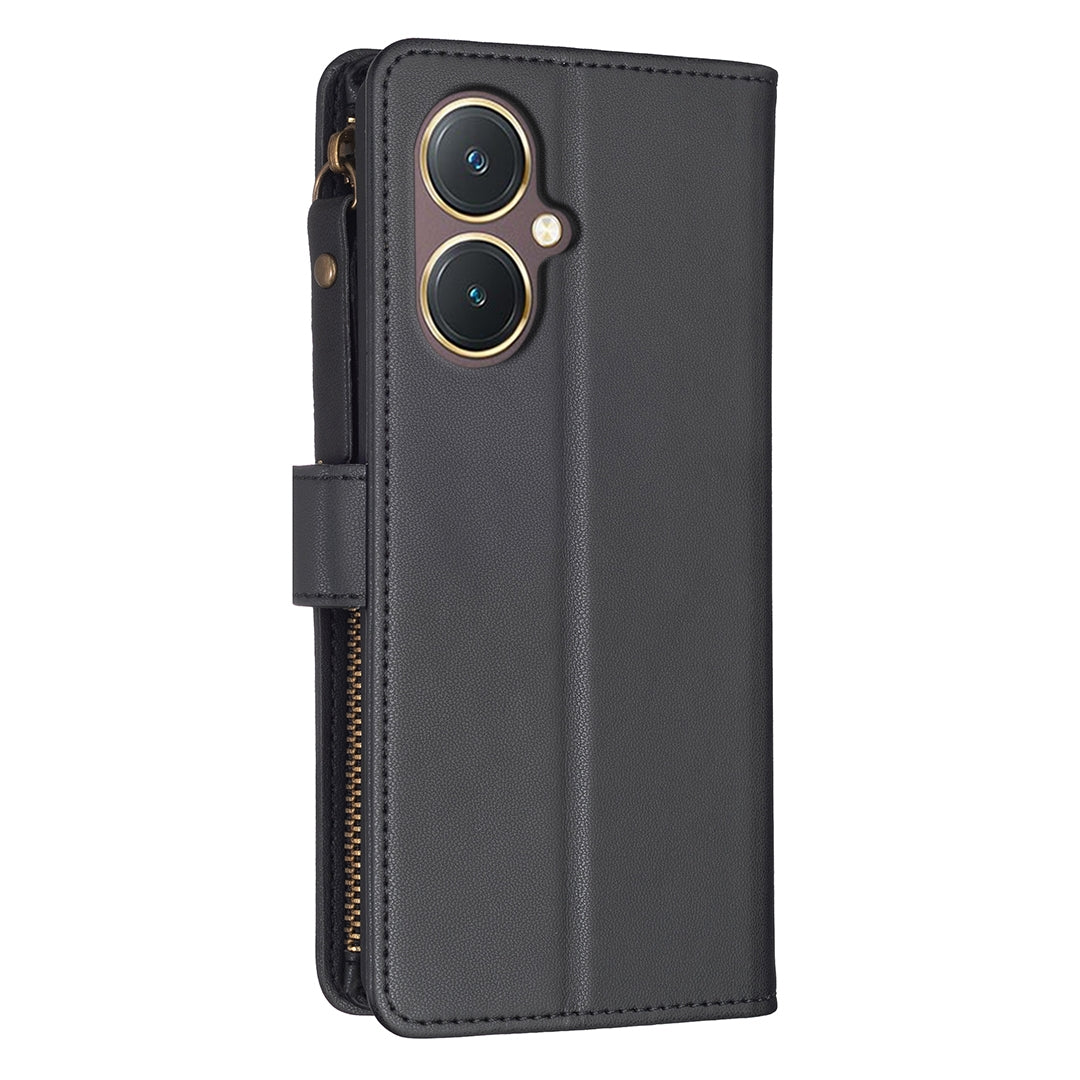 For vivo Y27 4G Leather Flip Phone Case with Zipper Wallet and 9 Card Slots, Durable PU + TPU Material