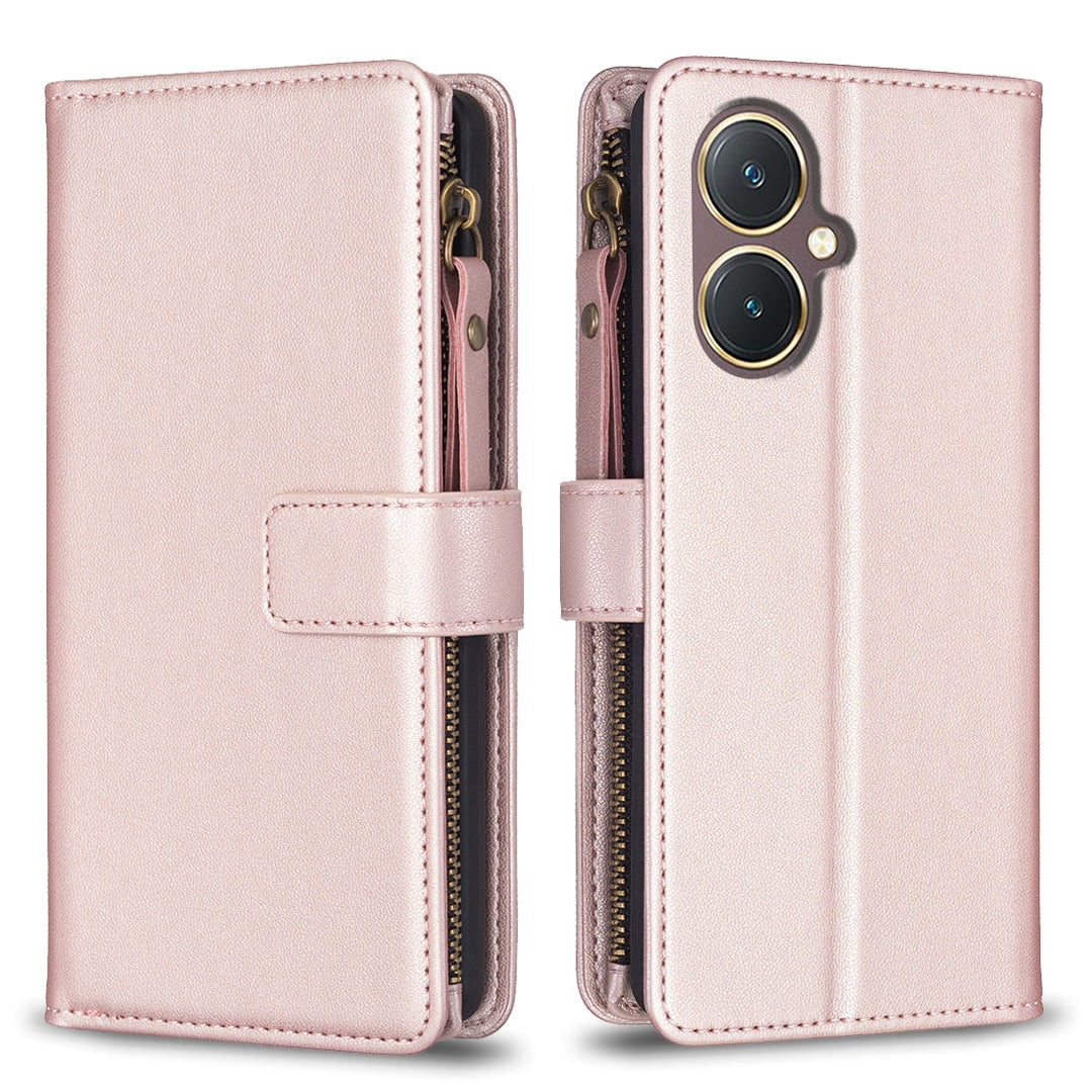 For vivo Y27 4G Leather Flip Phone Case with Zipper Wallet and 9 Card Slots, Durable PU + TPU Material