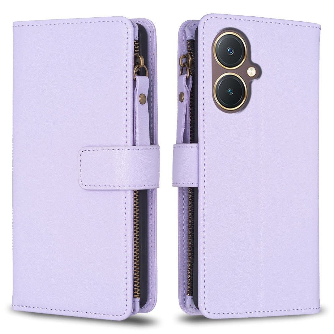 For vivo Y27 4G Leather Flip Phone Case with Zipper Wallet and 9 Card Slots, Durable PU + TPU Material