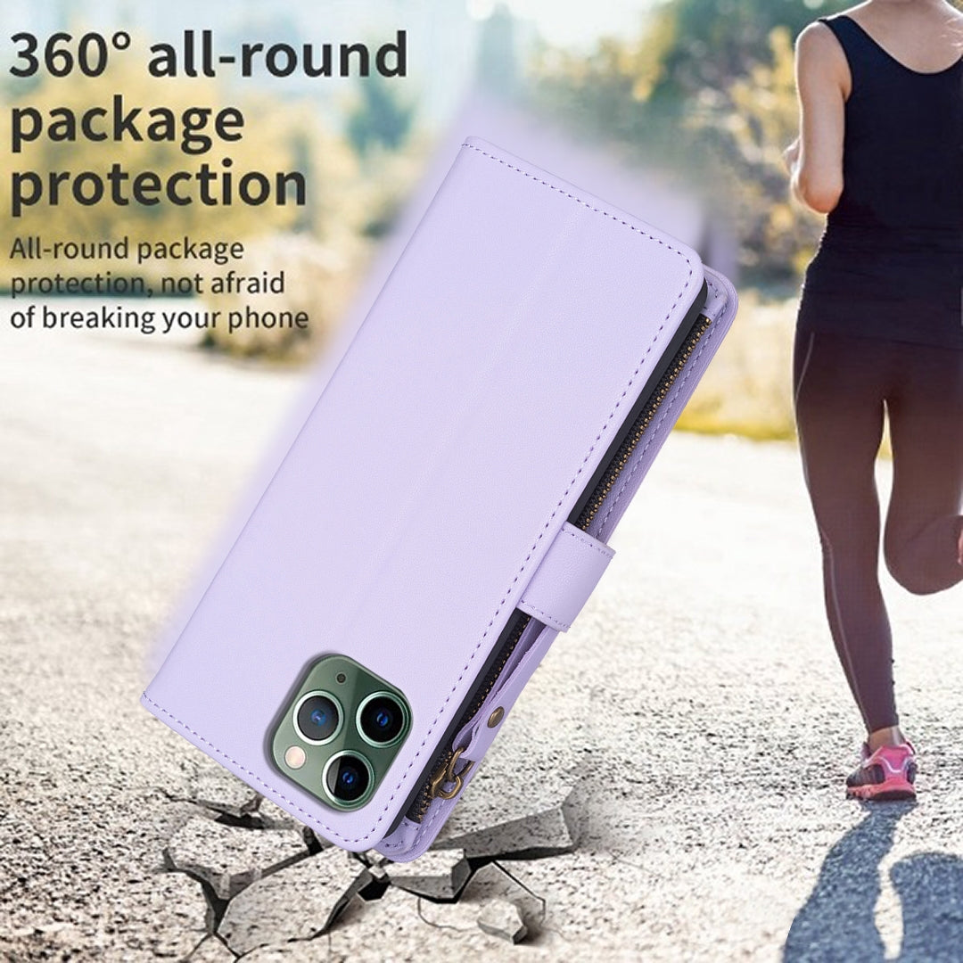 iPhone 11 Pro Leather Flip Phone Case with Zipper Wallet and 9 Card Slots, Durable PU + TPU Material