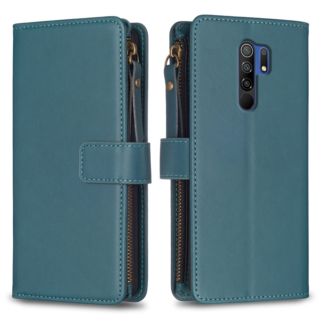 Xiaomi Redmi 9 Leather Flip Phone Case with Zipper Wallet and 9 Card Slots, Durable PU + TPU Material