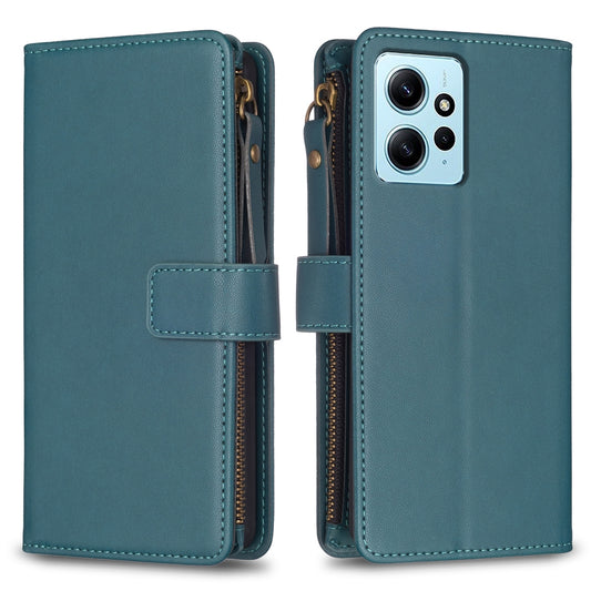 Xiaomi Redmi Note 12 4G Leather Flip Phone Case with Zipper Wallet and 9 Card Slots, Durable PU + TPU Material