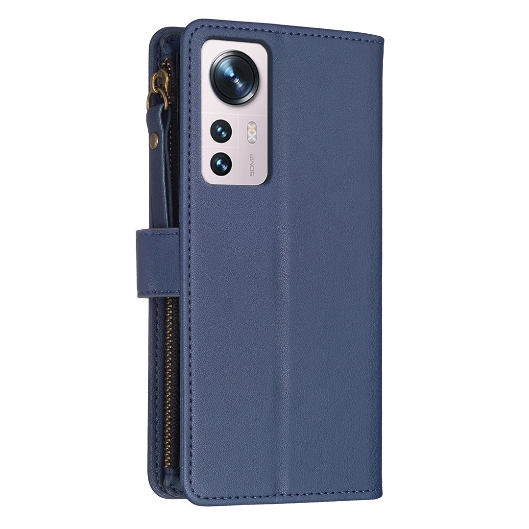For Xiaomi 12 Leather Flip Phone Case with Zipper Wallet and 9 Card Slots, Durable PU + TPU Material