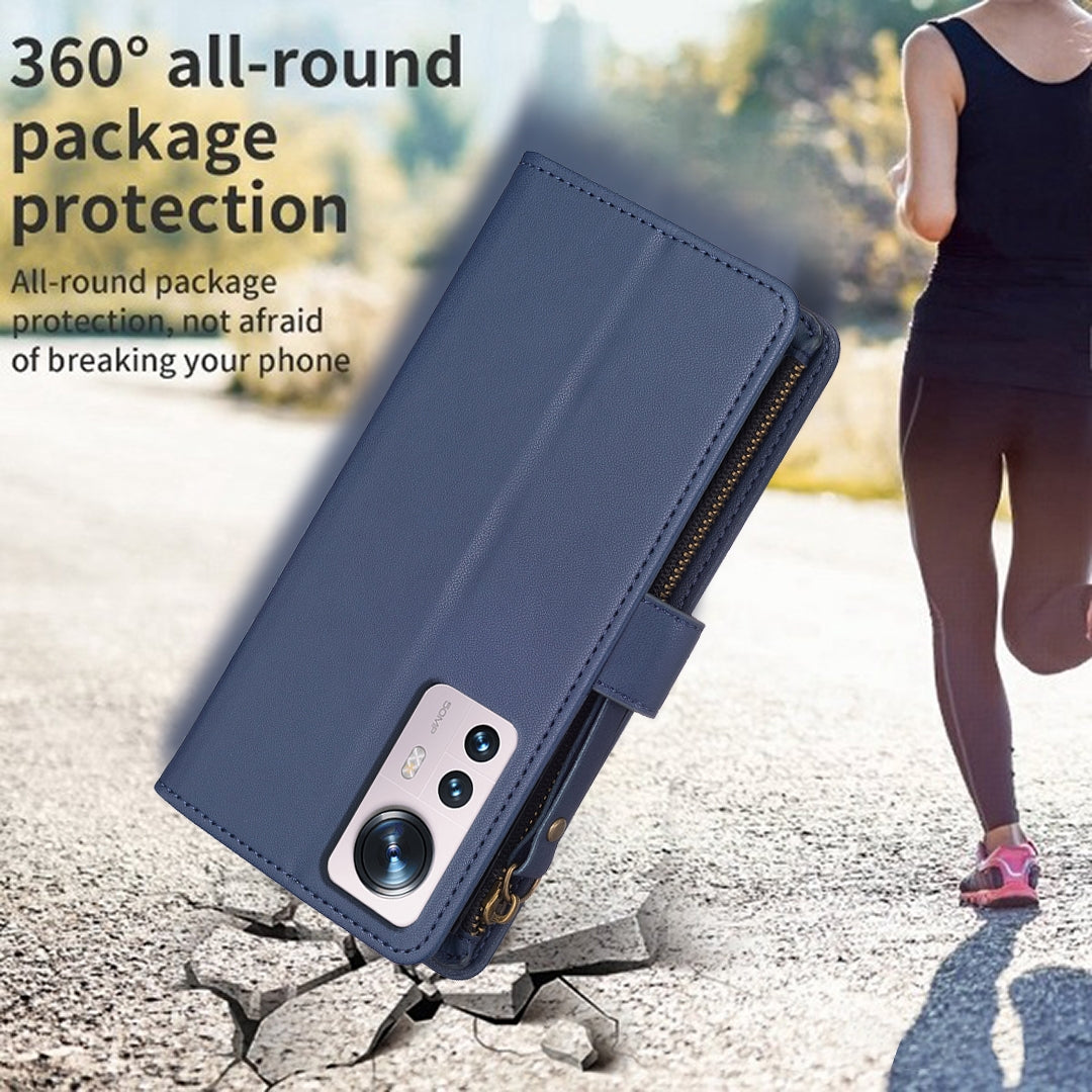 For Xiaomi 12 Leather Flip Phone Case with Zipper Wallet and 9 Card Slots, Durable PU + TPU Material