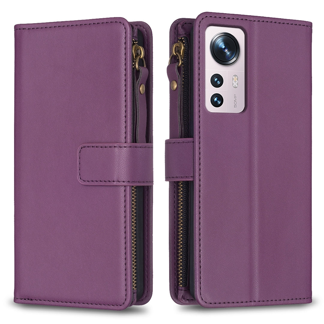For Xiaomi 12 Leather Flip Phone Case with Zipper Wallet and 9 Card Slots, Durable PU + TPU Material
