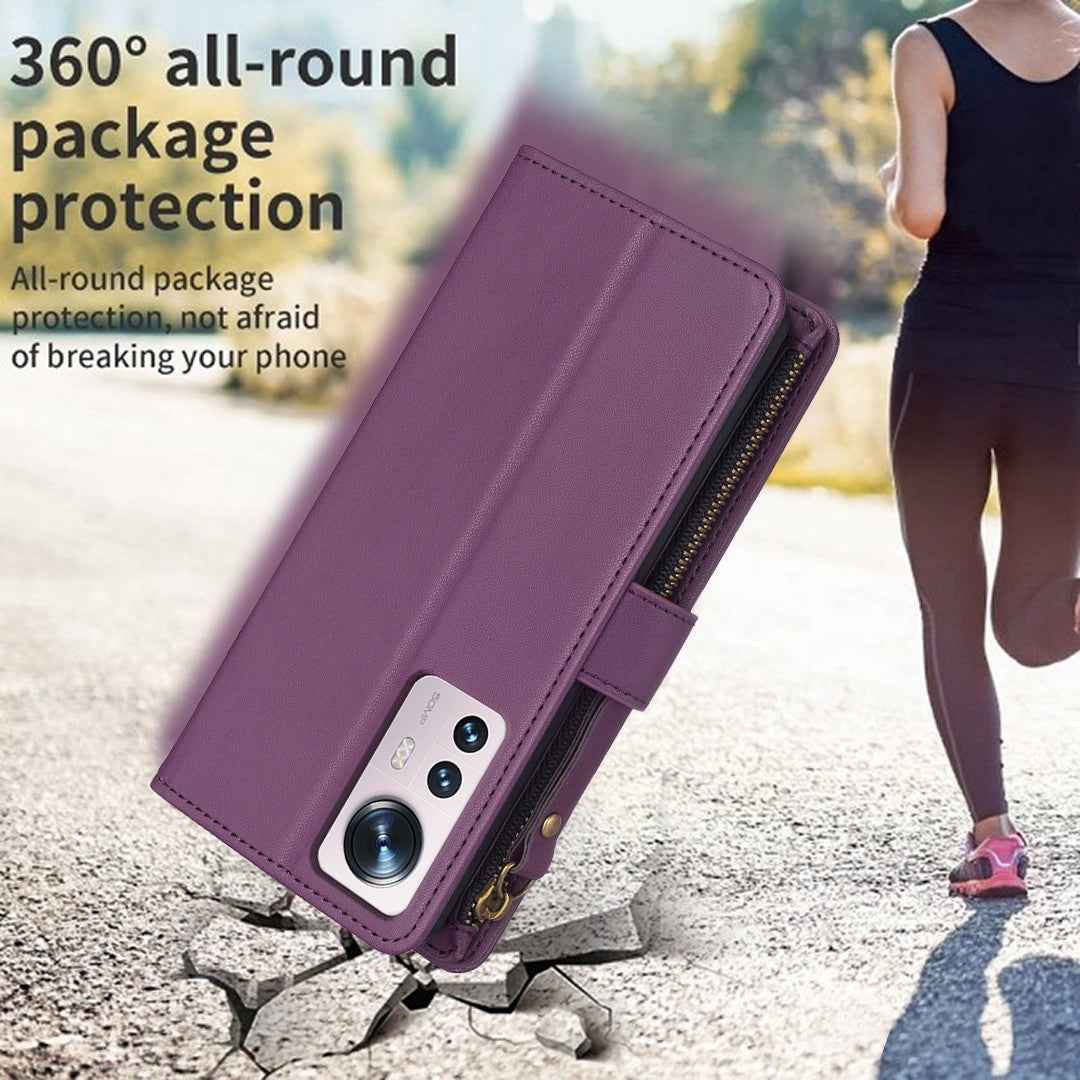 For Xiaomi 12 Leather Flip Phone Case with Zipper Wallet and 9 Card Slots, Durable PU + TPU Material