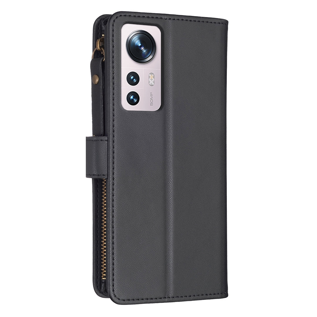 For Xiaomi 12 Leather Flip Phone Case with Zipper Wallet and 9 Card Slots, Durable PU + TPU Material