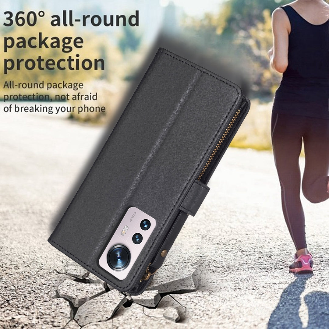For Xiaomi 12 Leather Flip Phone Case with Zipper Wallet and 9 Card Slots, Durable PU + TPU Material