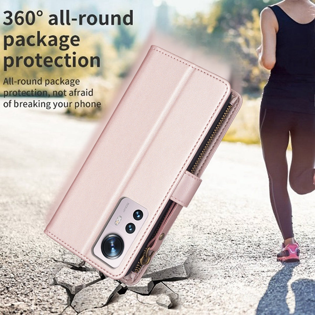 For Xiaomi 12 Leather Flip Phone Case with Zipper Wallet and 9 Card Slots, Durable PU + TPU Material