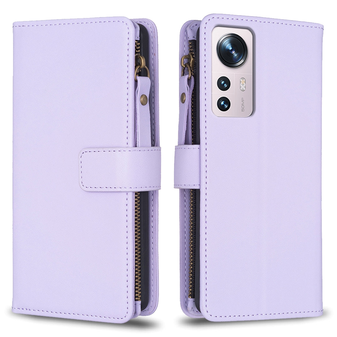 For Xiaomi 12 Leather Flip Phone Case with Zipper Wallet and 9 Card Slots, Durable PU + TPU Material