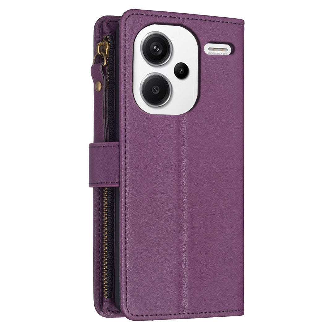 Xiaomi Redmi Note 13 Pro+ 5G Leather Flip Phone Case with Zipper Wallet and 9 Card Slots, Durable PU + TPU Material