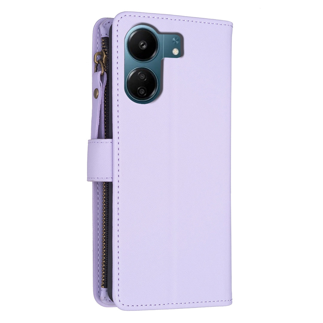 Xiaomi Redmi 13C Leather Flip Phone Case with Zipper Wallet and 9 Card Slots, Durable PU + TPU Material