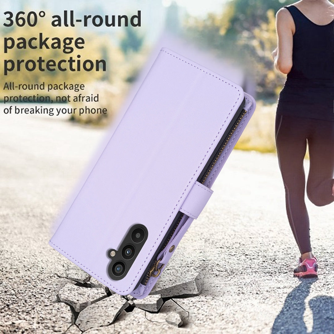 Samsung Galaxy A25 5G Leather Flip Phone Case with Zipper Wallet and 9 Card Slots, Durable PU + TPU Material