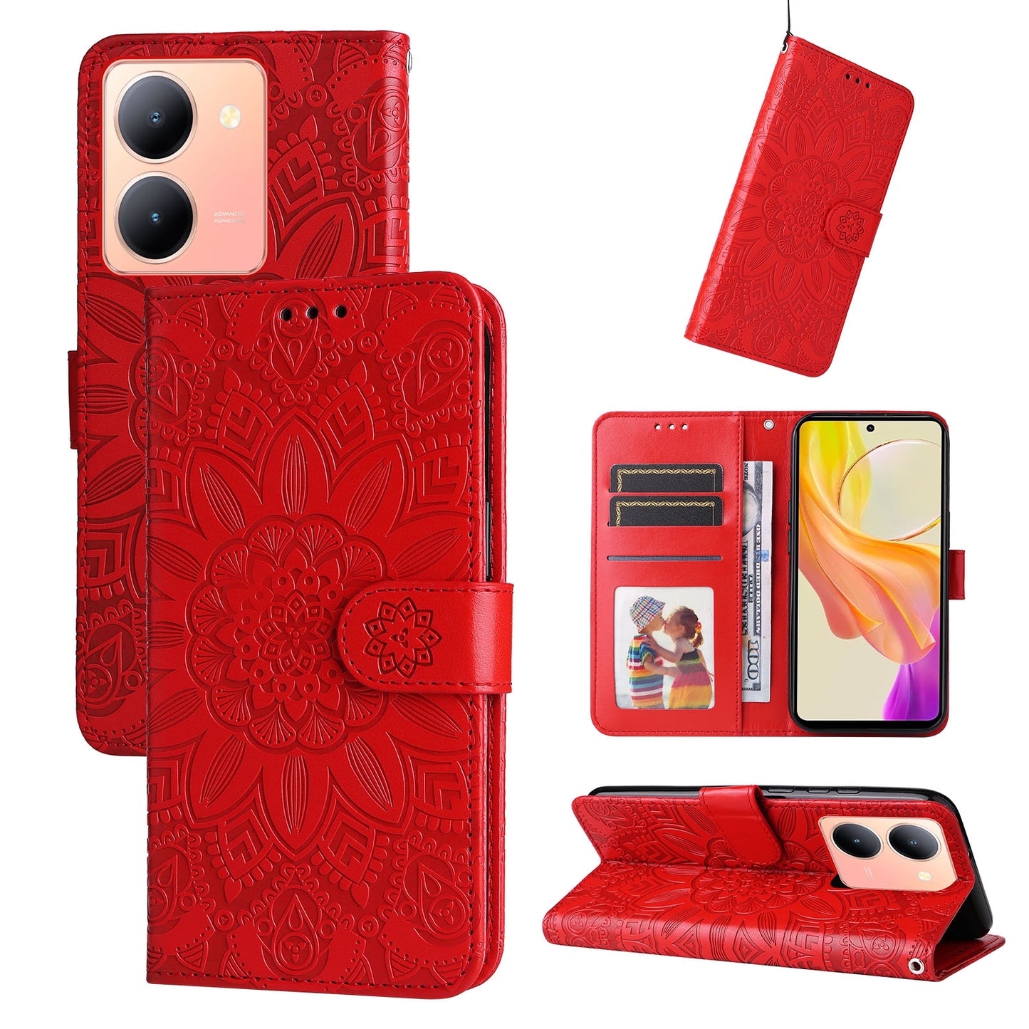 For vivo Y78 5G Foreign Sunflower Embossed Leather Wallet Phone Case with Kickstand and Card Holder