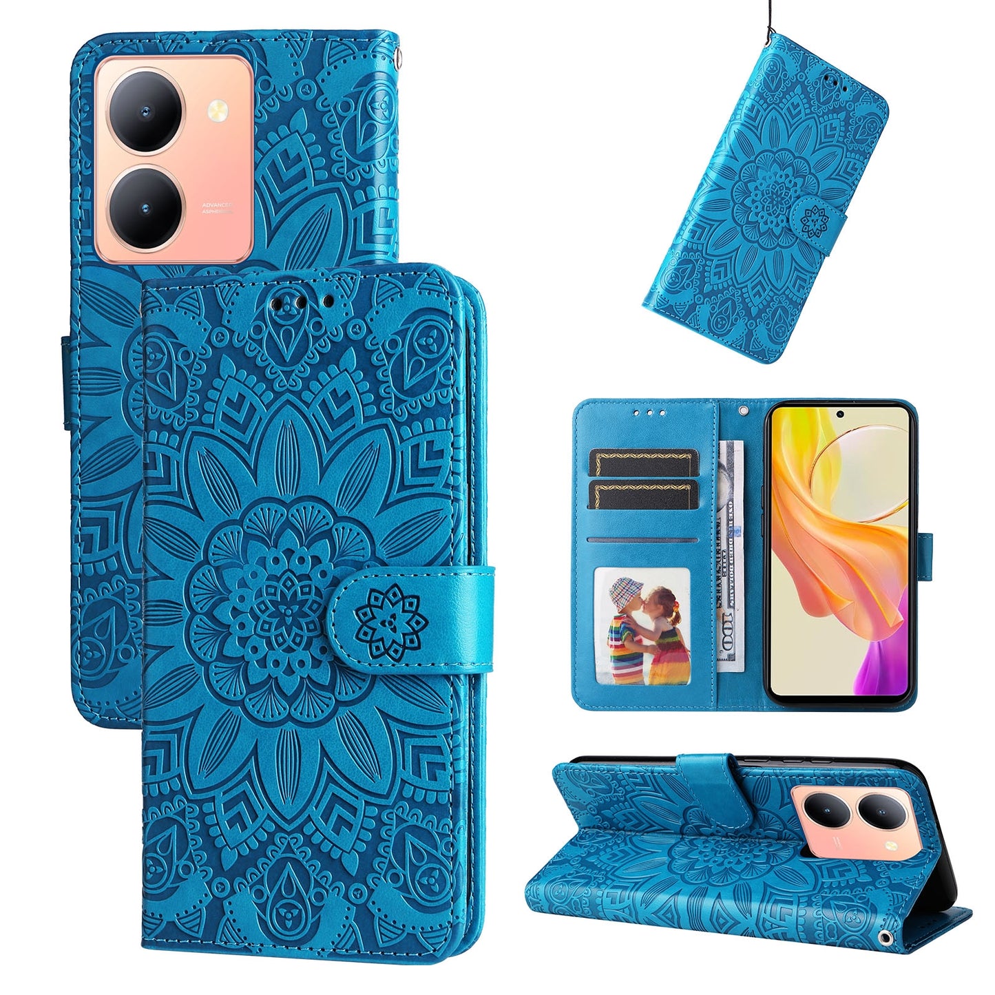 For vivo Y78 5G Foreign Sunflower Embossed Leather Wallet Phone Case with Kickstand and Card Holder