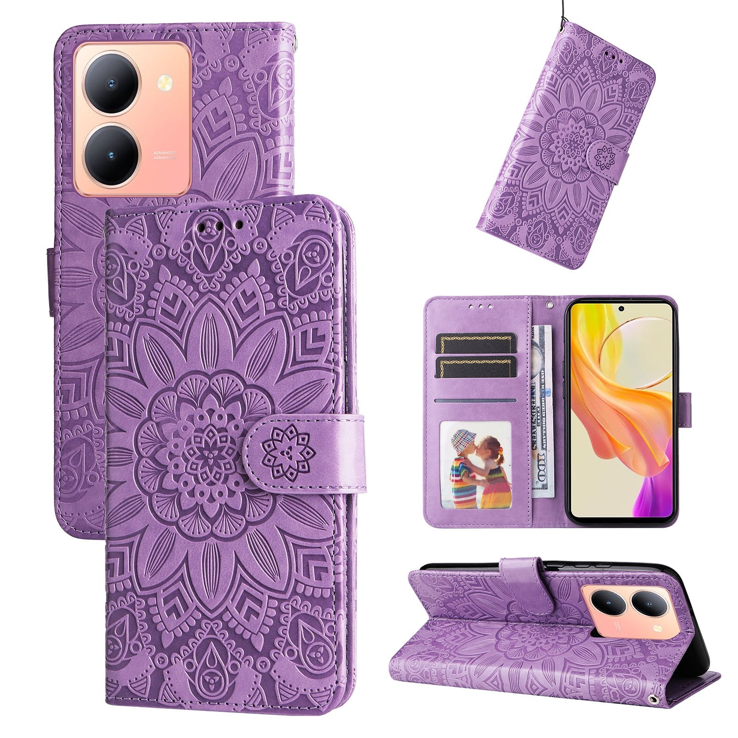 For vivo Y78 5G Foreign Sunflower Embossed Leather Wallet Phone Case with Kickstand and Card Holder