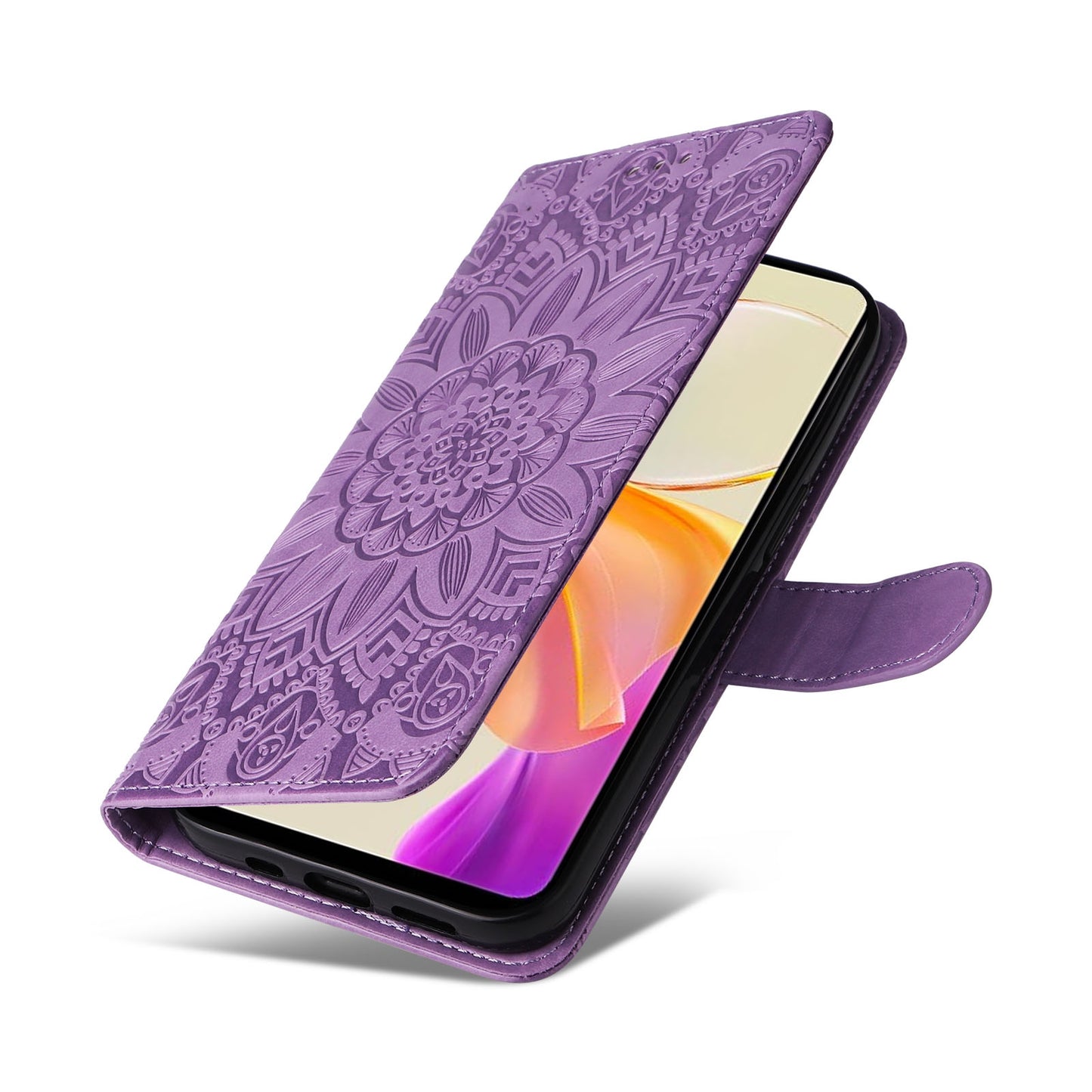 For vivo Y78 5G Foreign Sunflower Embossed Leather Wallet Phone Case with Kickstand and Card Holder