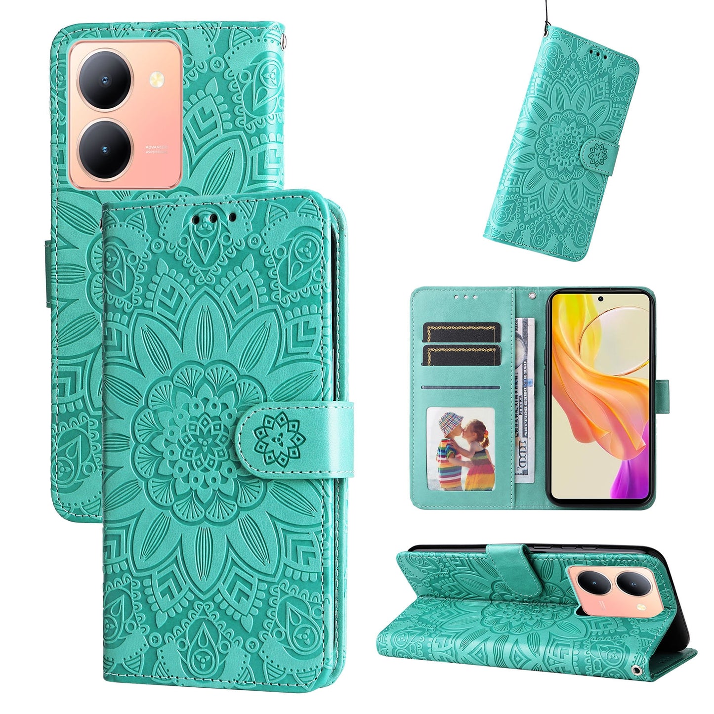 For vivo Y78 5G Foreign Sunflower Embossed Leather Wallet Phone Case with Kickstand and Card Holder