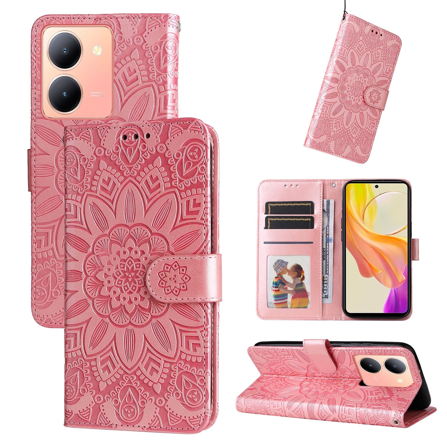 For vivo Y78 5G Foreign Sunflower Embossed Leather Wallet Phone Case with Kickstand and Card Holder