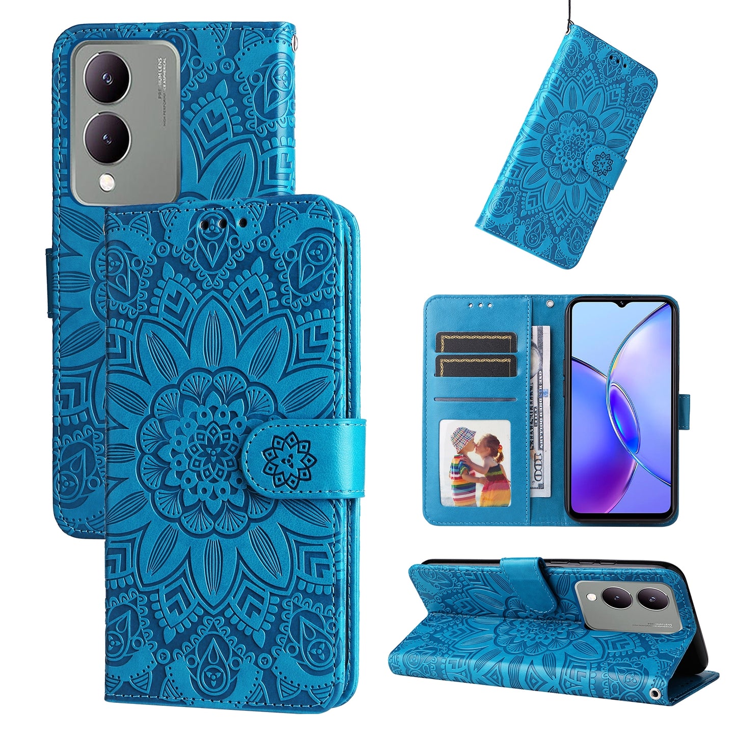 For vivo Y17s Sunflower Embossed Leather Wallet Phone Case with Kickstand and Card Holder