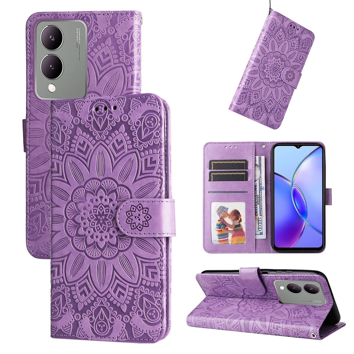 For vivo Y17s Sunflower Embossed Leather Wallet Phone Case with Kickstand and Card Holder
