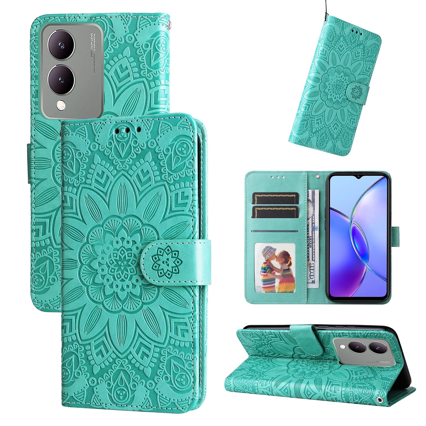 For vivo Y17s Sunflower Embossed Leather Wallet Phone Case with Kickstand and Card Holder