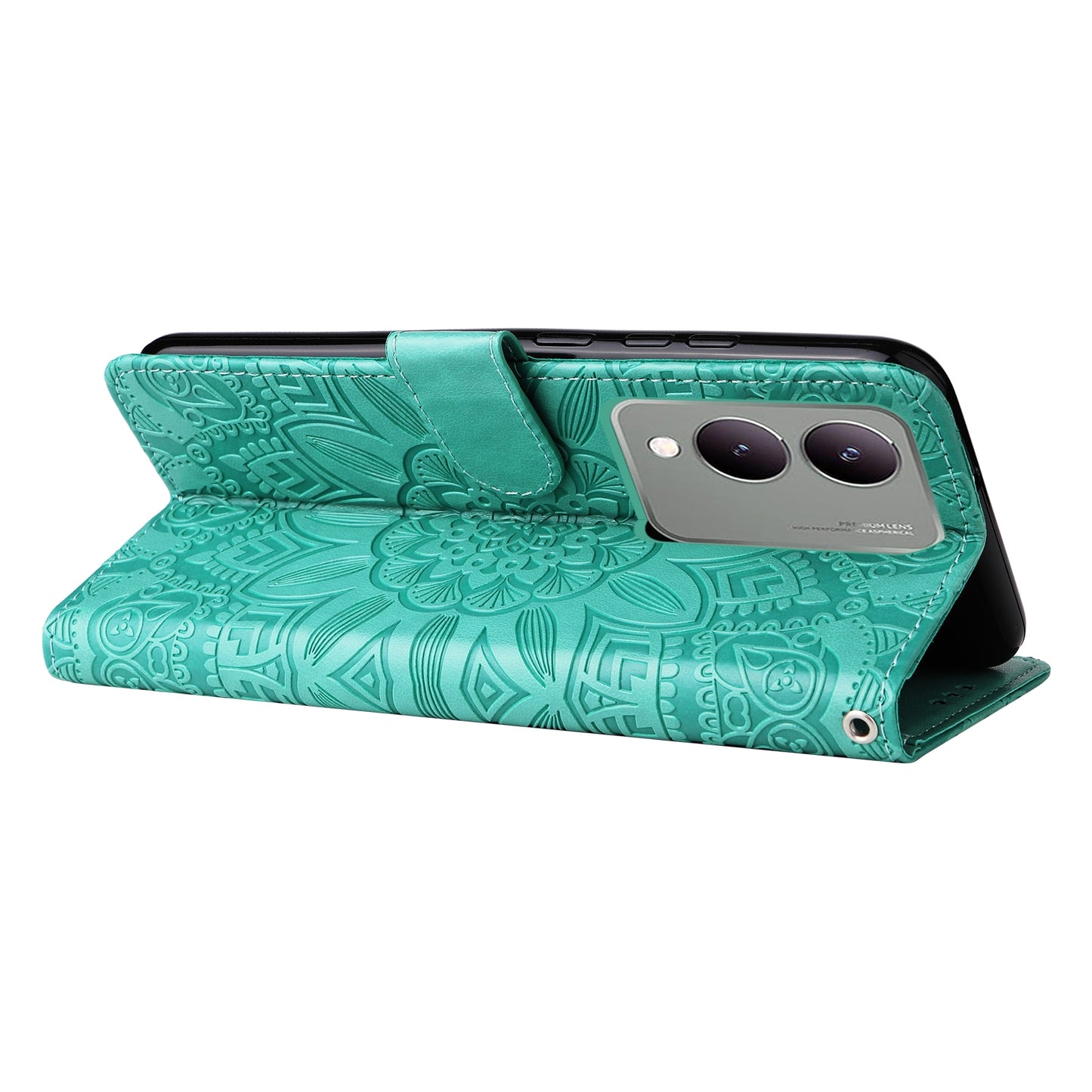 For vivo Y17s Sunflower Embossed Leather Wallet Phone Case with Kickstand and Card Holder