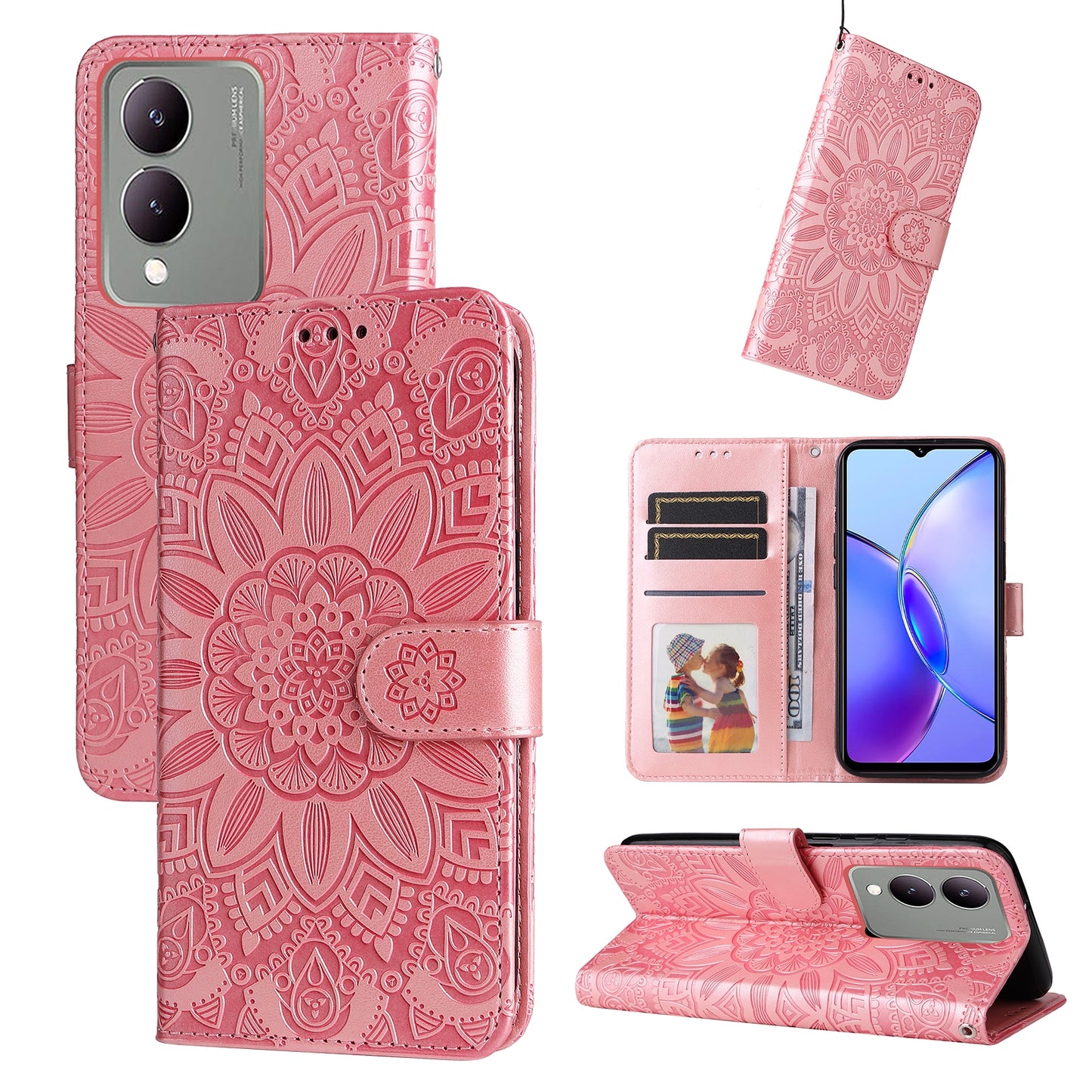 For vivo Y17s Sunflower Embossed Leather Wallet Phone Case with Kickstand and Card Holder