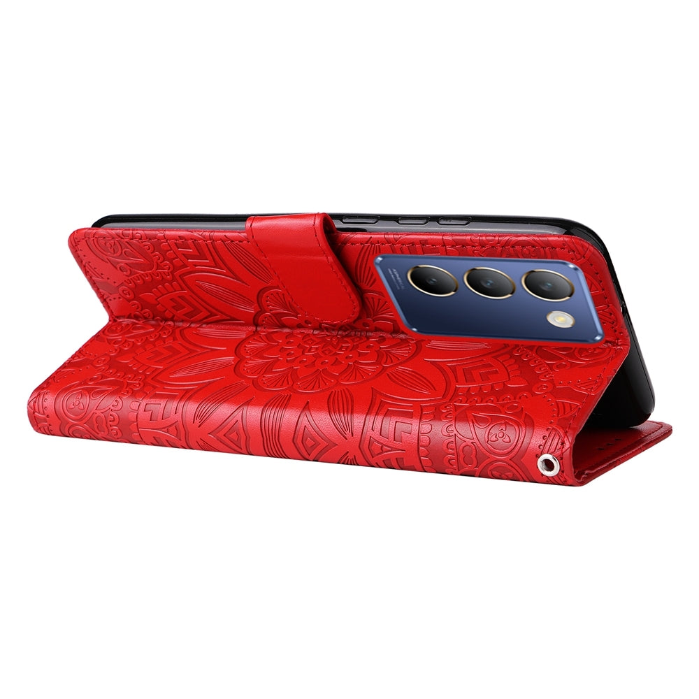 For vivo Y200e 5G Global Sunflower Embossed Leather Wallet Phone Case with Kickstand and Card Holder