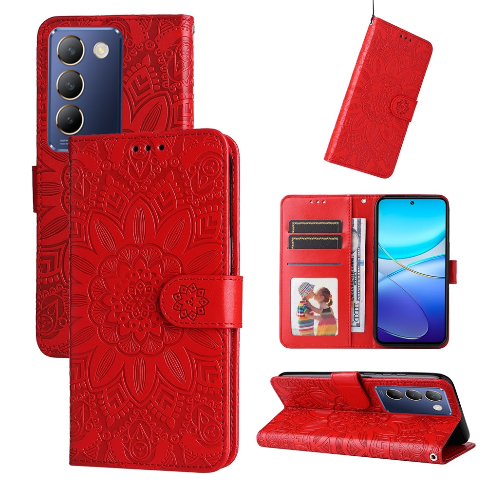 For vivo Y200e 5G Global Sunflower Embossed Leather Wallet Phone Case with Kickstand and Card Holder
