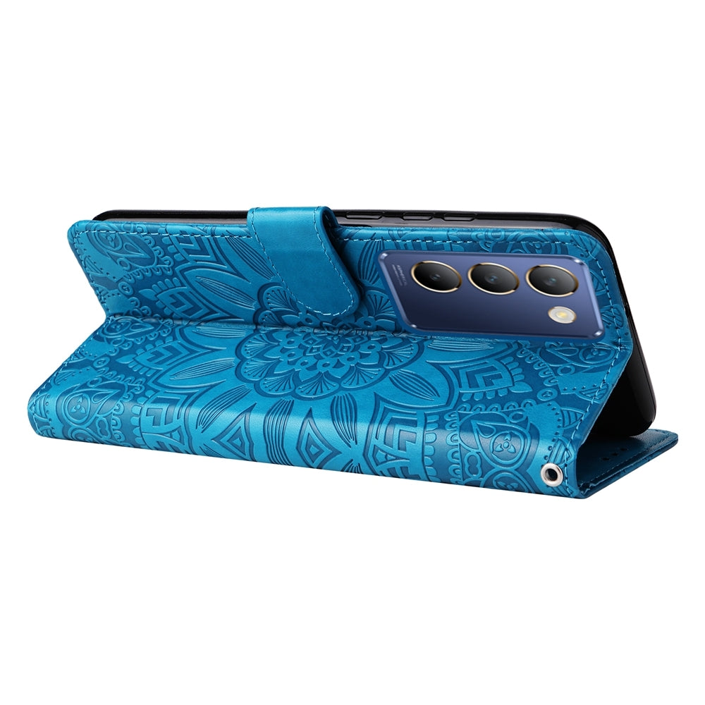 For vivo Y200e 5G Global Sunflower Embossed Leather Wallet Phone Case with Kickstand and Card Holder