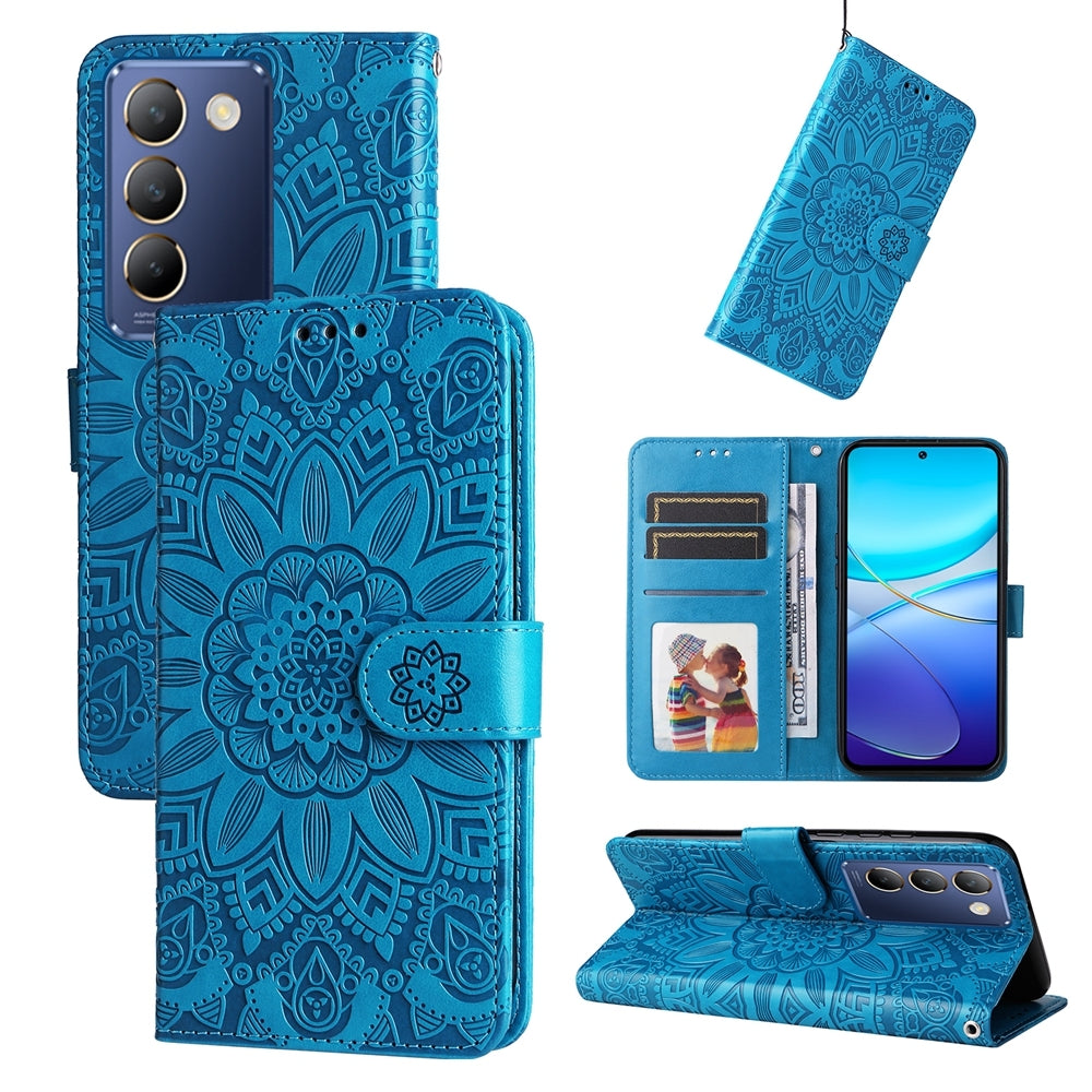 For vivo Y200e 5G Global Sunflower Embossed Leather Wallet Phone Case with Kickstand and Card Holder