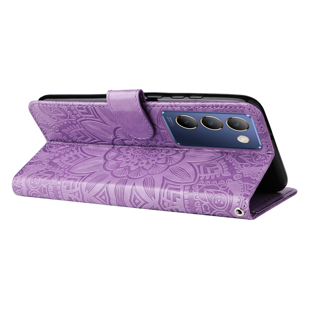 For vivo Y200e 5G Global Sunflower Embossed Leather Wallet Phone Case with Kickstand and Card Holder