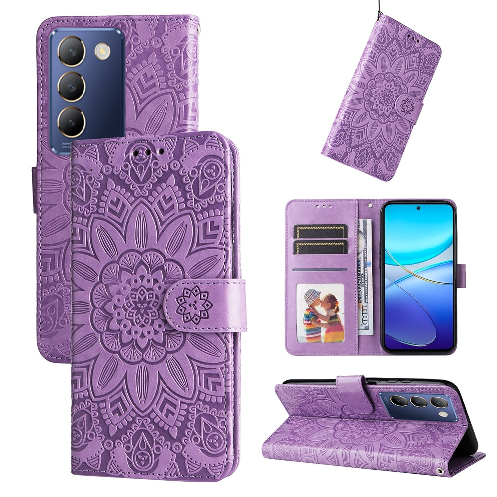 For vivo Y200e 5G Global Sunflower Embossed Leather Wallet Phone Case with Kickstand and Card Holder