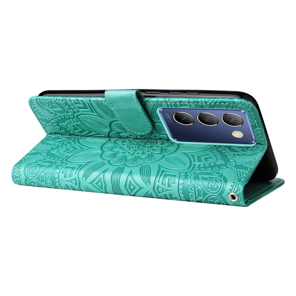 For vivo Y200e 5G Global Sunflower Embossed Leather Wallet Phone Case with Kickstand and Card Holder